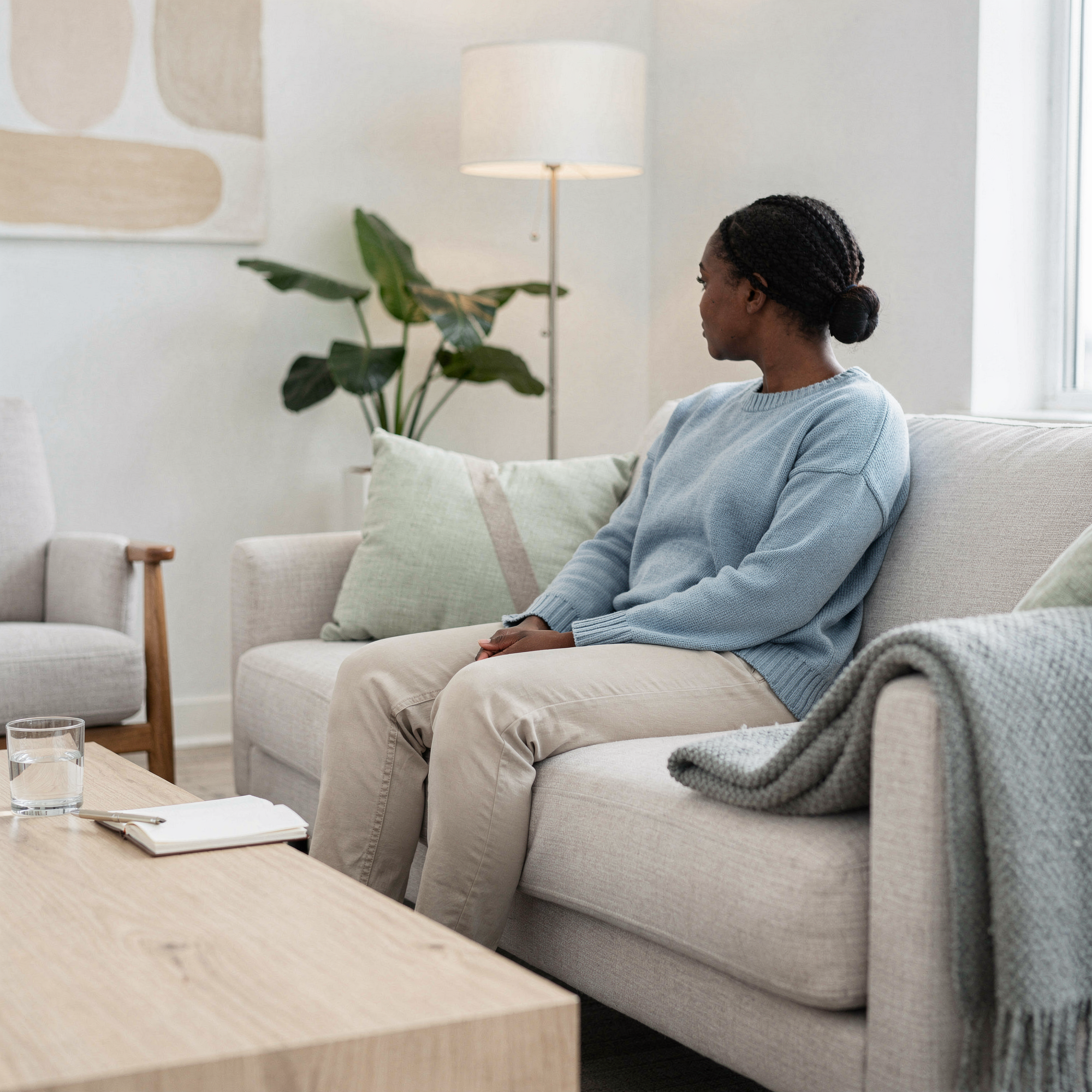 Woman resting on a sofa in a calm room – psychiatrist in Bala Cynwyd, PA